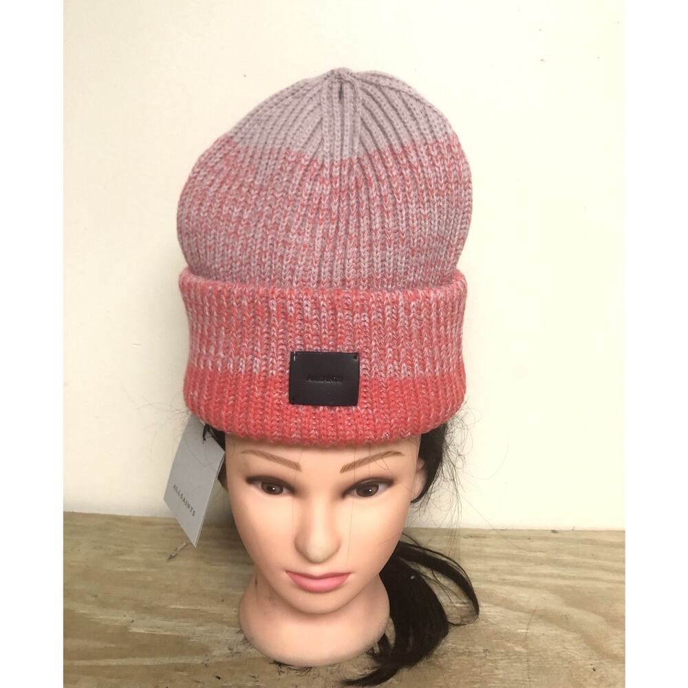 New All Saints Beanie Pink Multicolor Ombre Patch Wool Blend Unisex